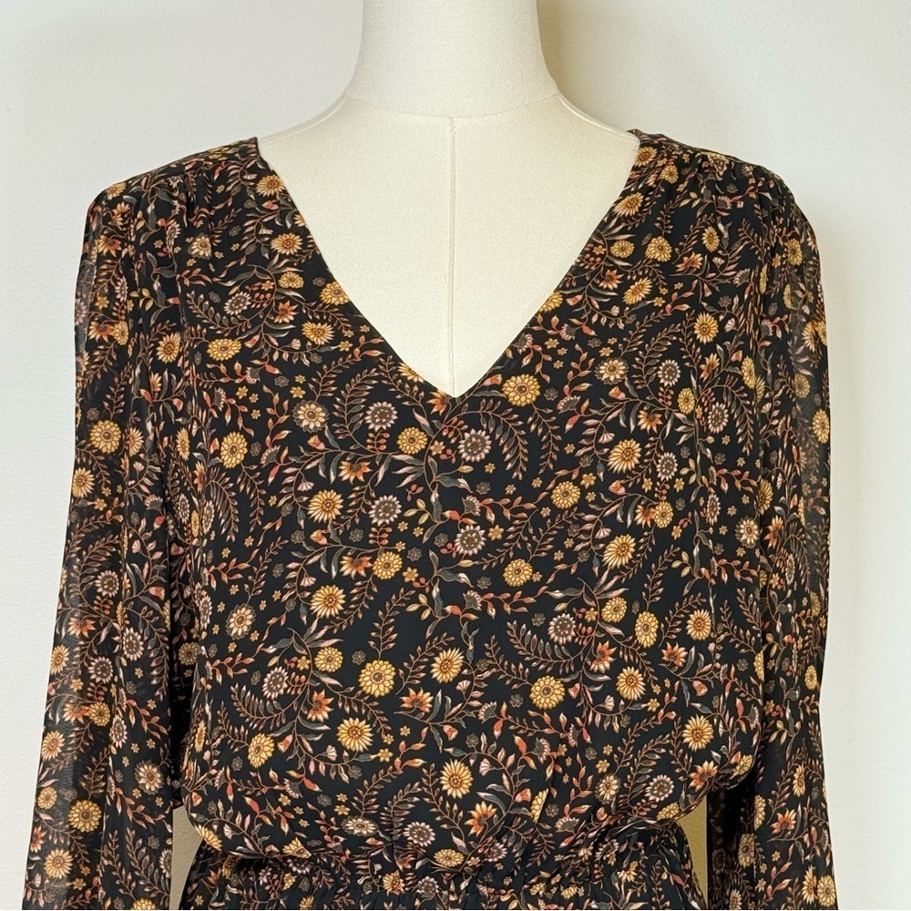 New! Evereve ‘Olivia’ Black Brown Floral Print Mini Dress Women’s Size Medium - Picture 4 of 12